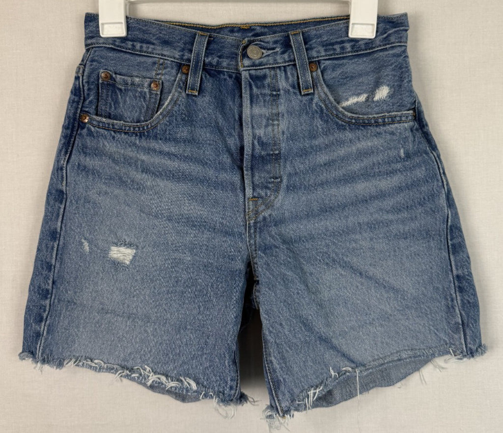 Levis 501 Cutoff Shorts Womens W25 Blue Distressed Mid Rise Button Fly Raw Hem
