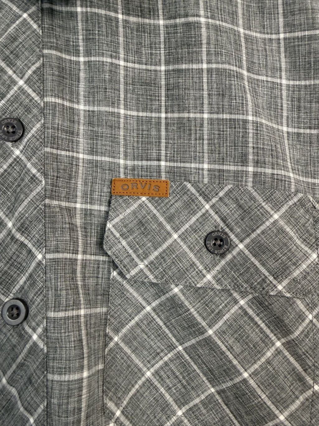 Orvis Mens XL Gray Windowpane Check Tech Short Sleeve Button Up Shirt