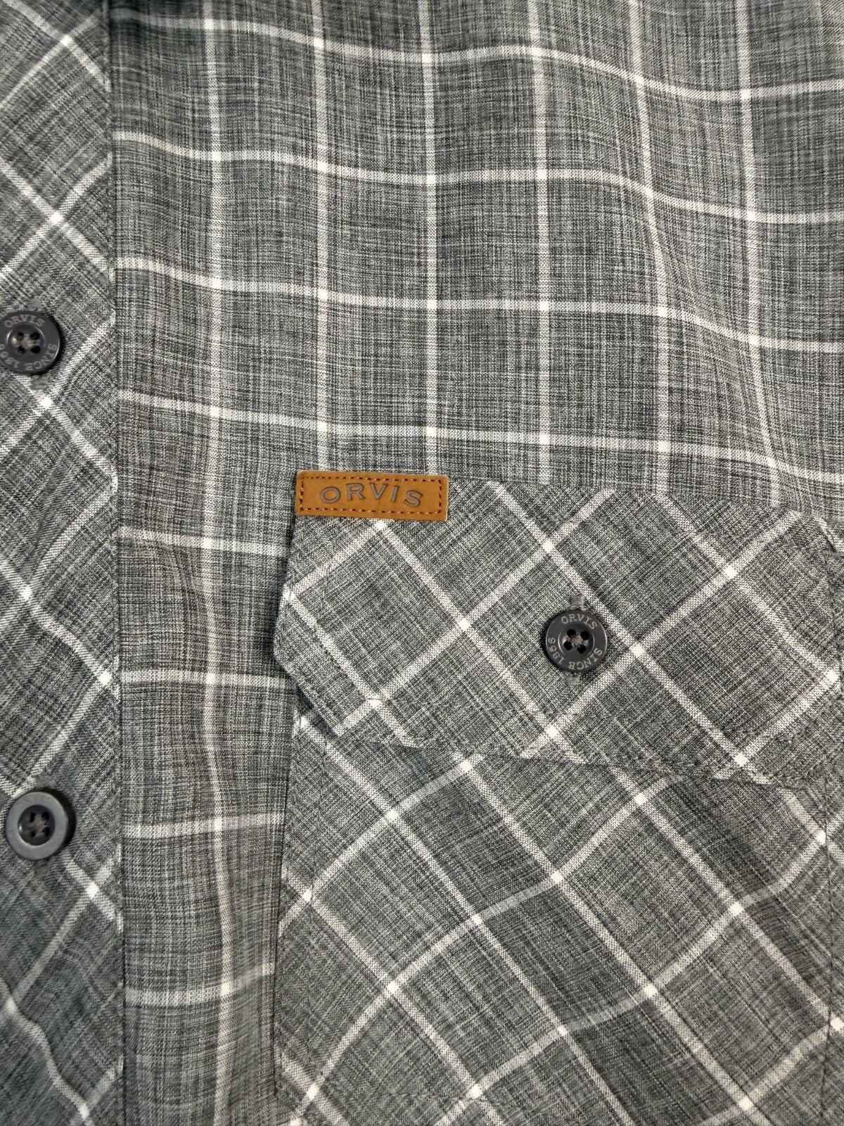 Orvis Mens XL Gray Windowpane Check Tech Short Sleeve Button Up Shirt