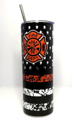 20 oz Fire Dept Red Line Stainless Steel Tumbler with Lid, Straw