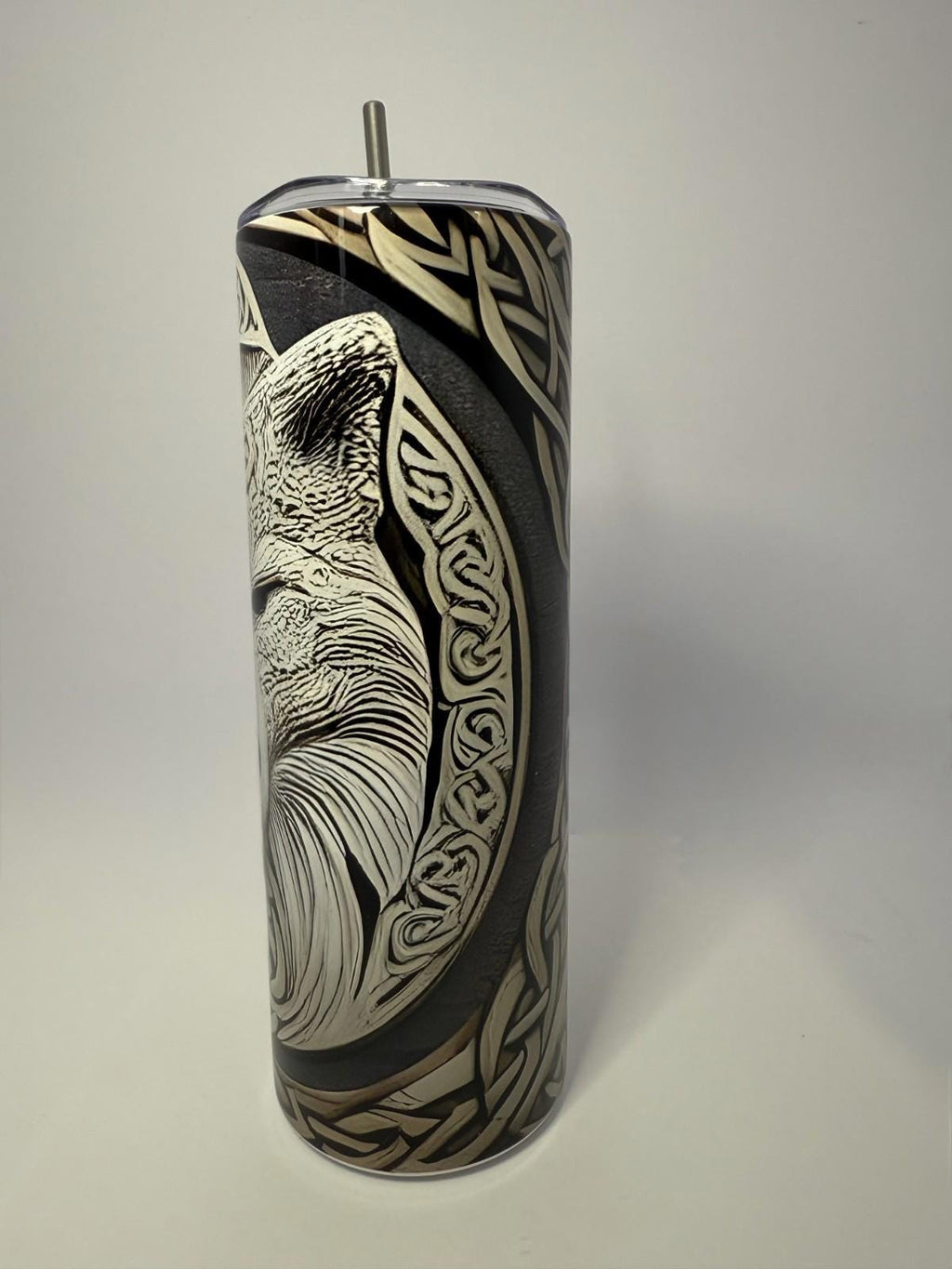 20 oz White Wolf Stainless Steel Tumbler with Lid, Straw