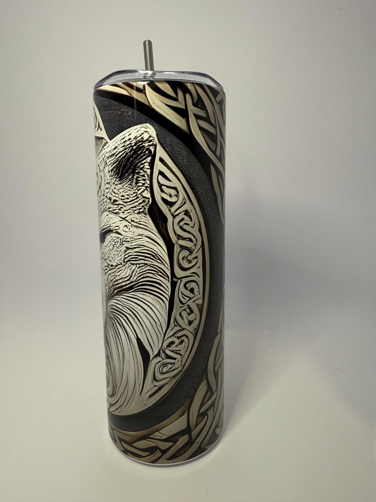 20 oz White Wolf Stainless Steel Tumbler with Lid, Straw