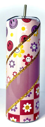 20 oz Purple Smiley Face Stainless Steel Tumbler with Lid, Straw