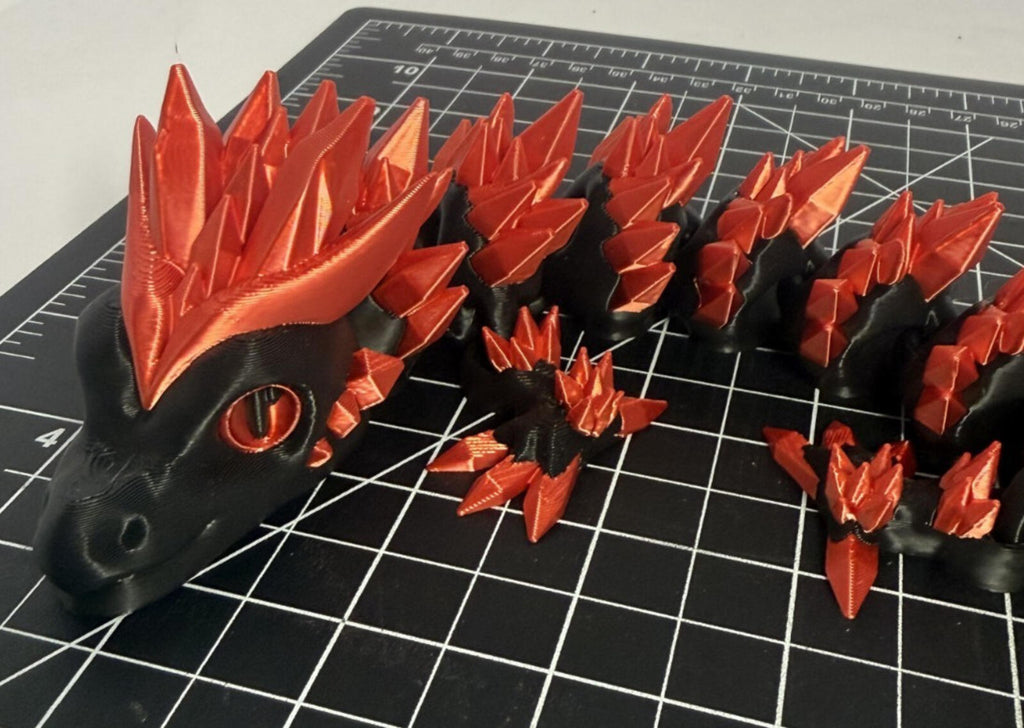 3D Printed Crystal Dragon -PLA- Black and Red - 2 Ft Long - Articulated dragon