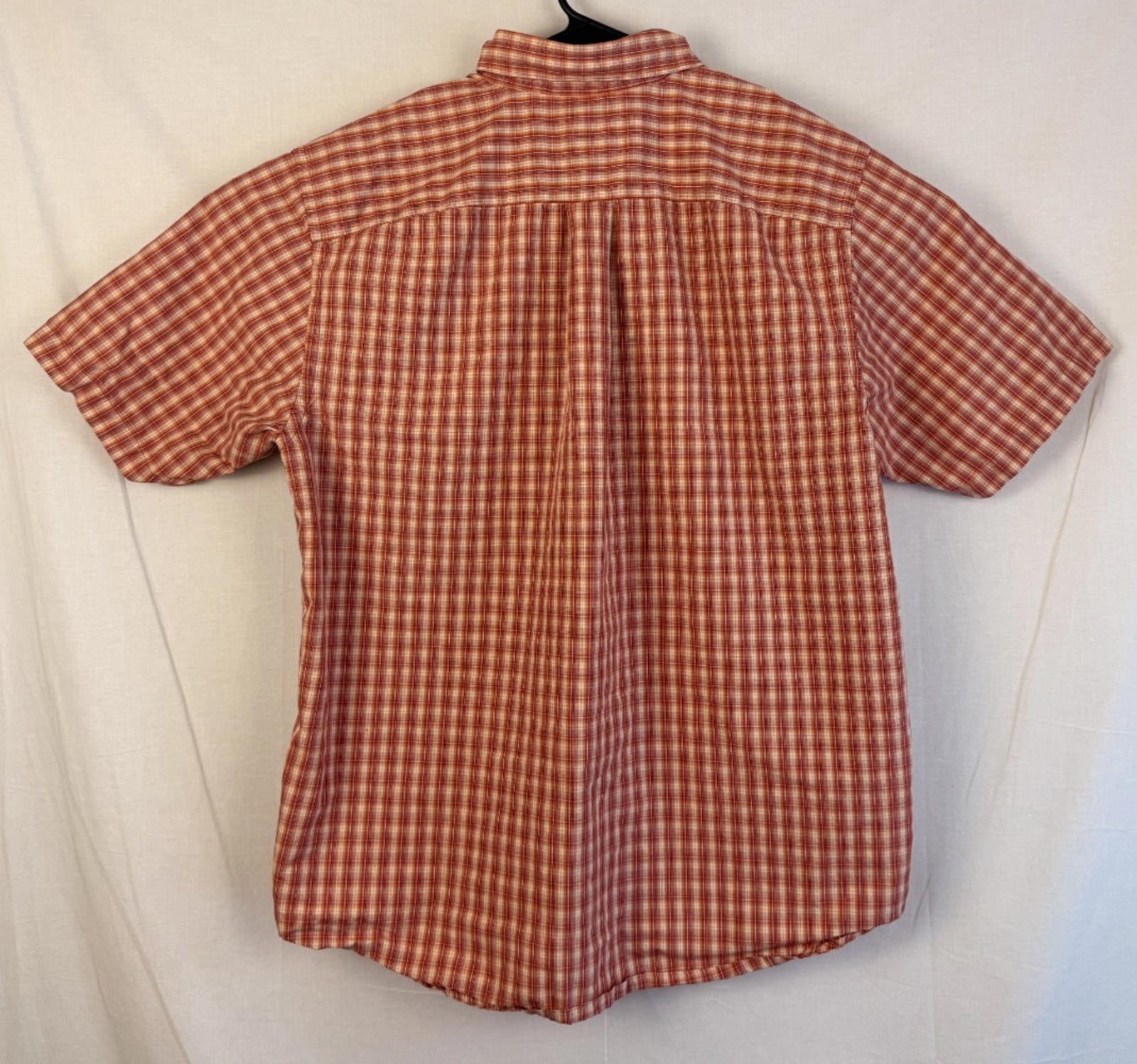 Eddie Bauer Shirt Men's L Orange Red Plaid Short Sleeve Button Up Relaxed Fit