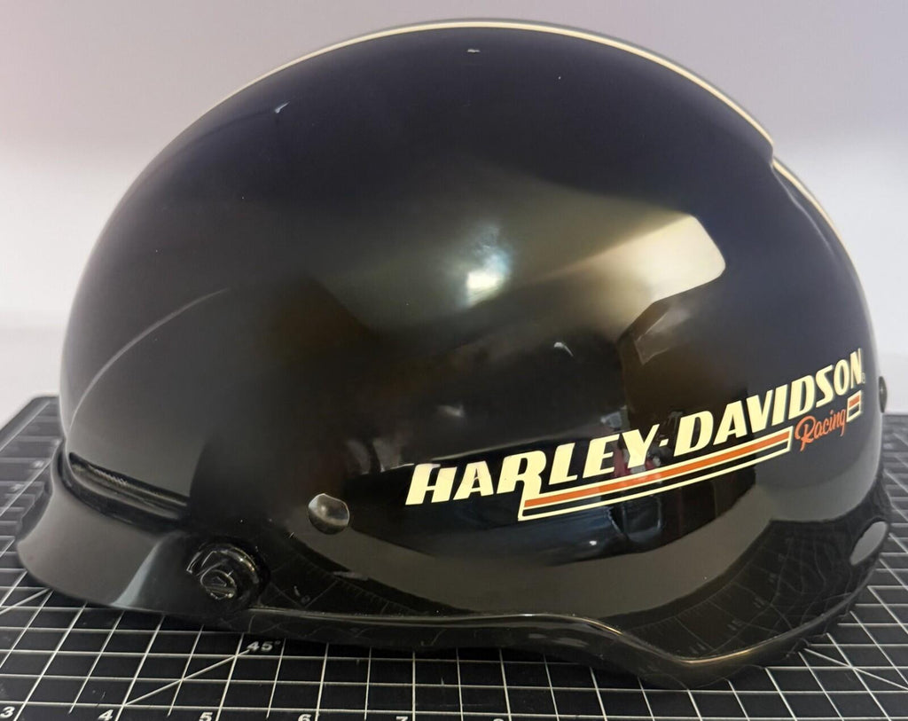 Harley-Davidson Racing Burnout Half Helmet Sz XXL Black Orange Stripe Skull Cap