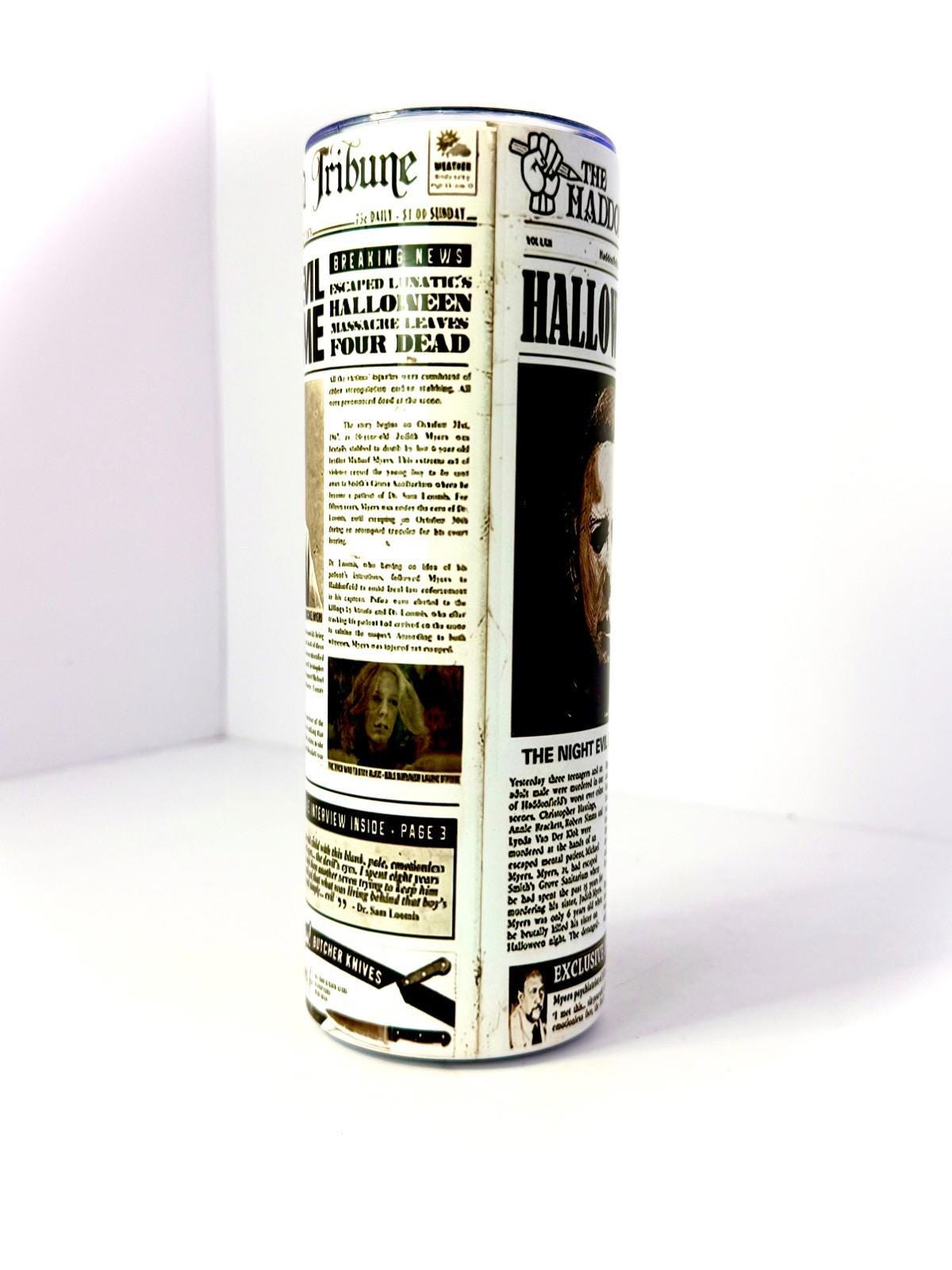 20 oz Michael Myers Newspaper Stainless Steel Tumbler with Lid, Straw Halloween