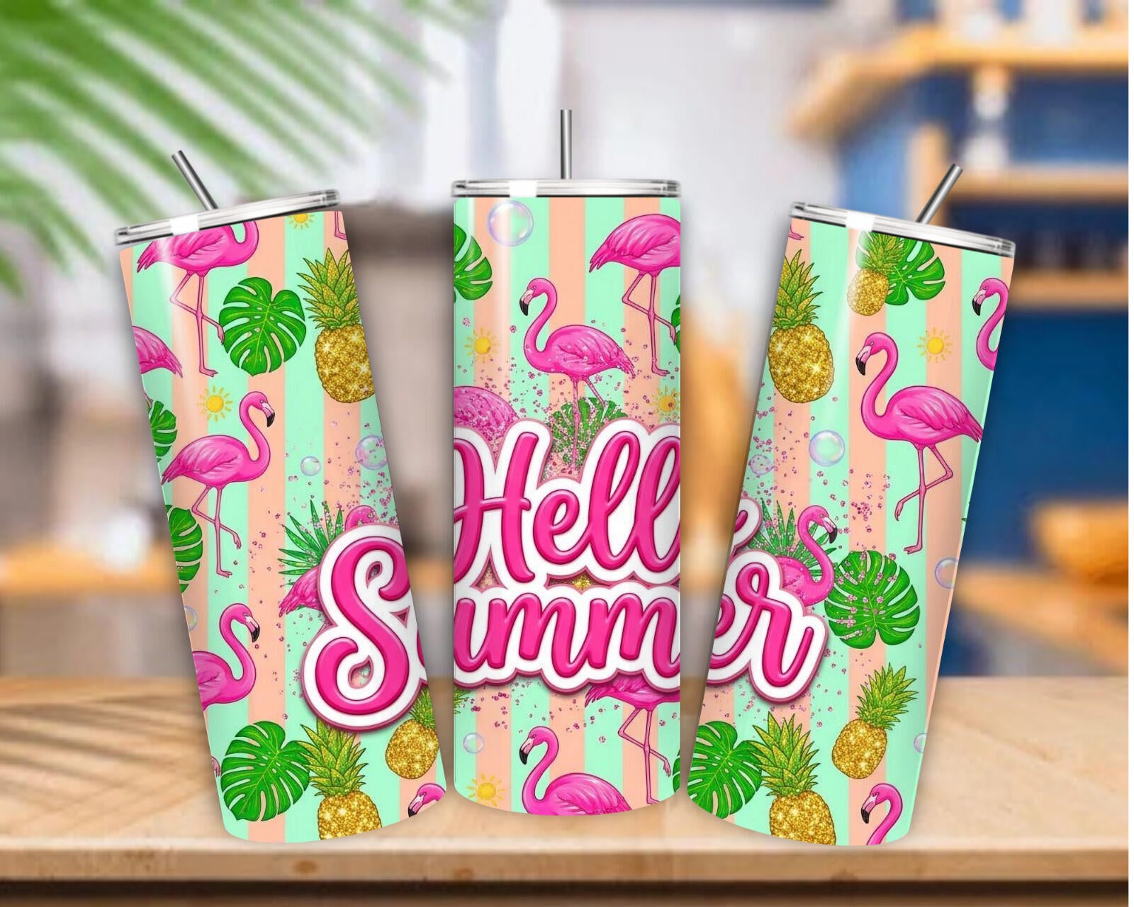 20 oz Hello Summer Stainless Steel Tumbler with Lid, Straw