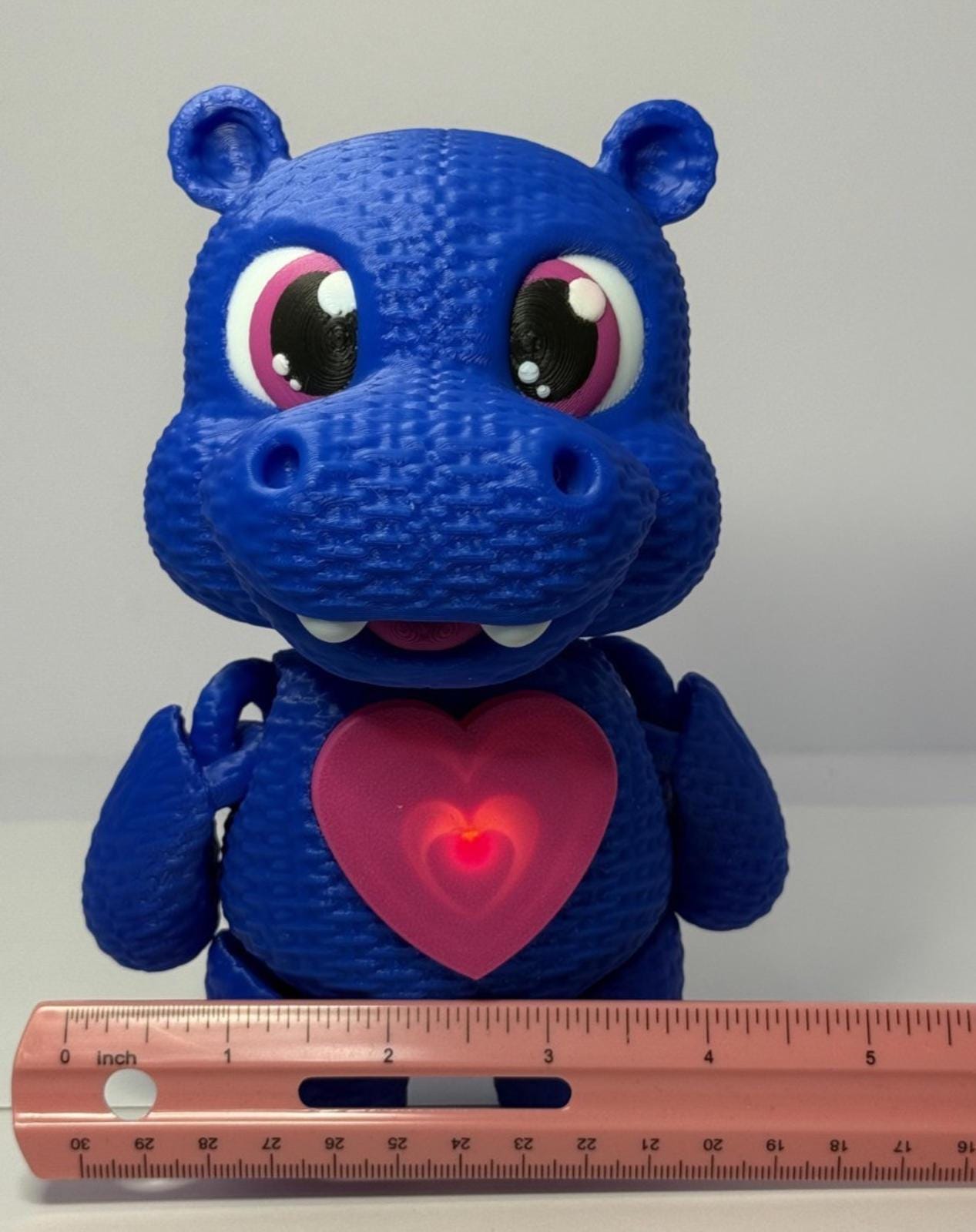 3D Printed Glowing Heart Hippo ~ Blue ~ Movable Arms, Legs, and Head ~ 7 Inch