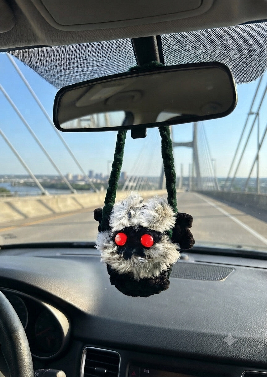 Crocheted Swinging Mothman - Rearview Mirror Decor - 4 inch - Handmade