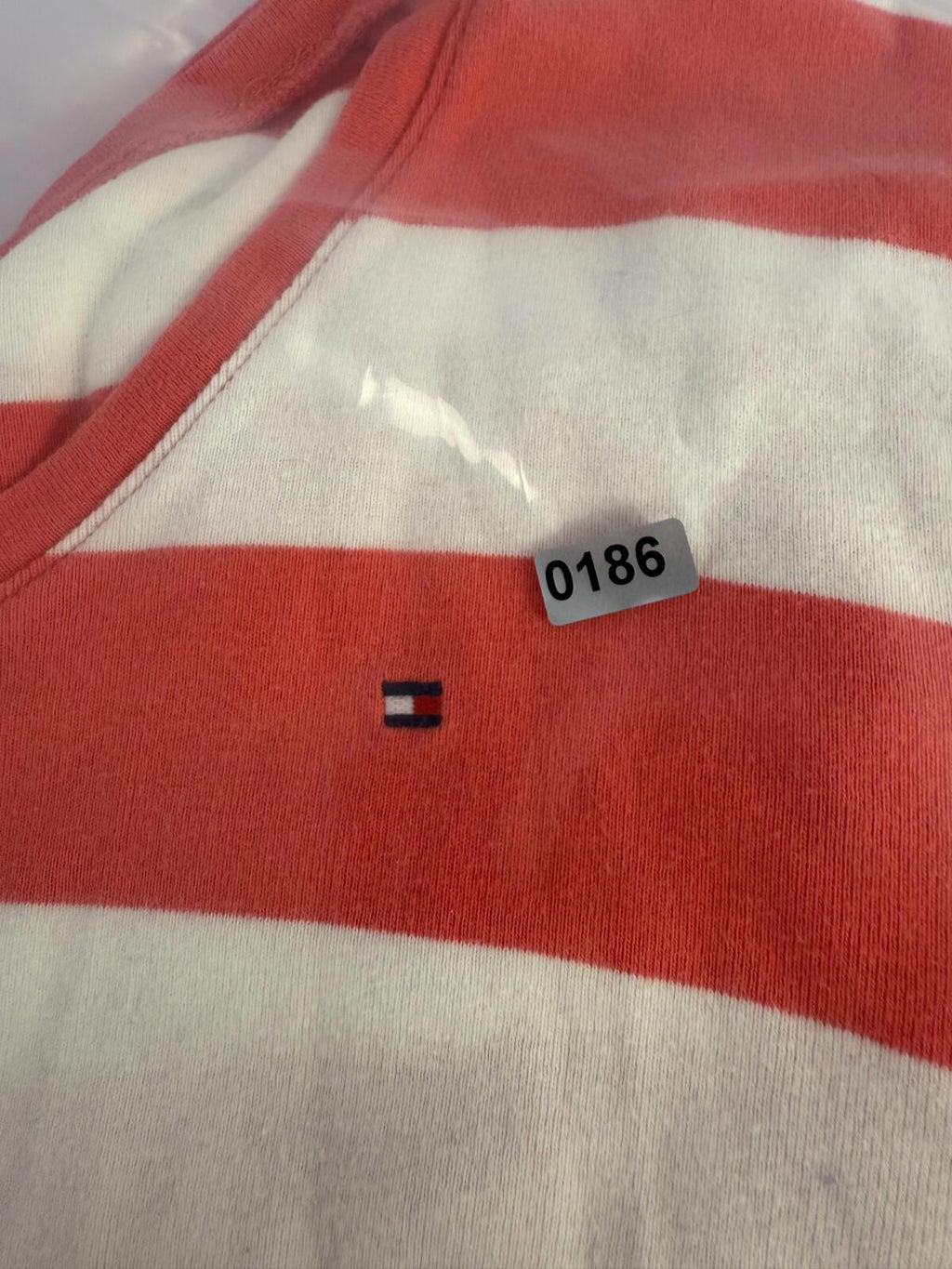 Tommy Hilfiger Striped V-Neck Stretch Cotton Long Sleeve T Shirt Womens Sz L