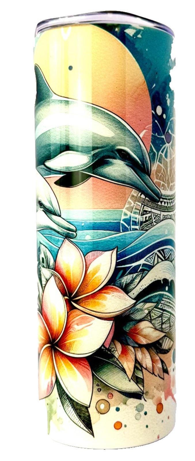 20 oz Hawaiian Dolphins Stainless Steel Tumbler with Lid, Straw
