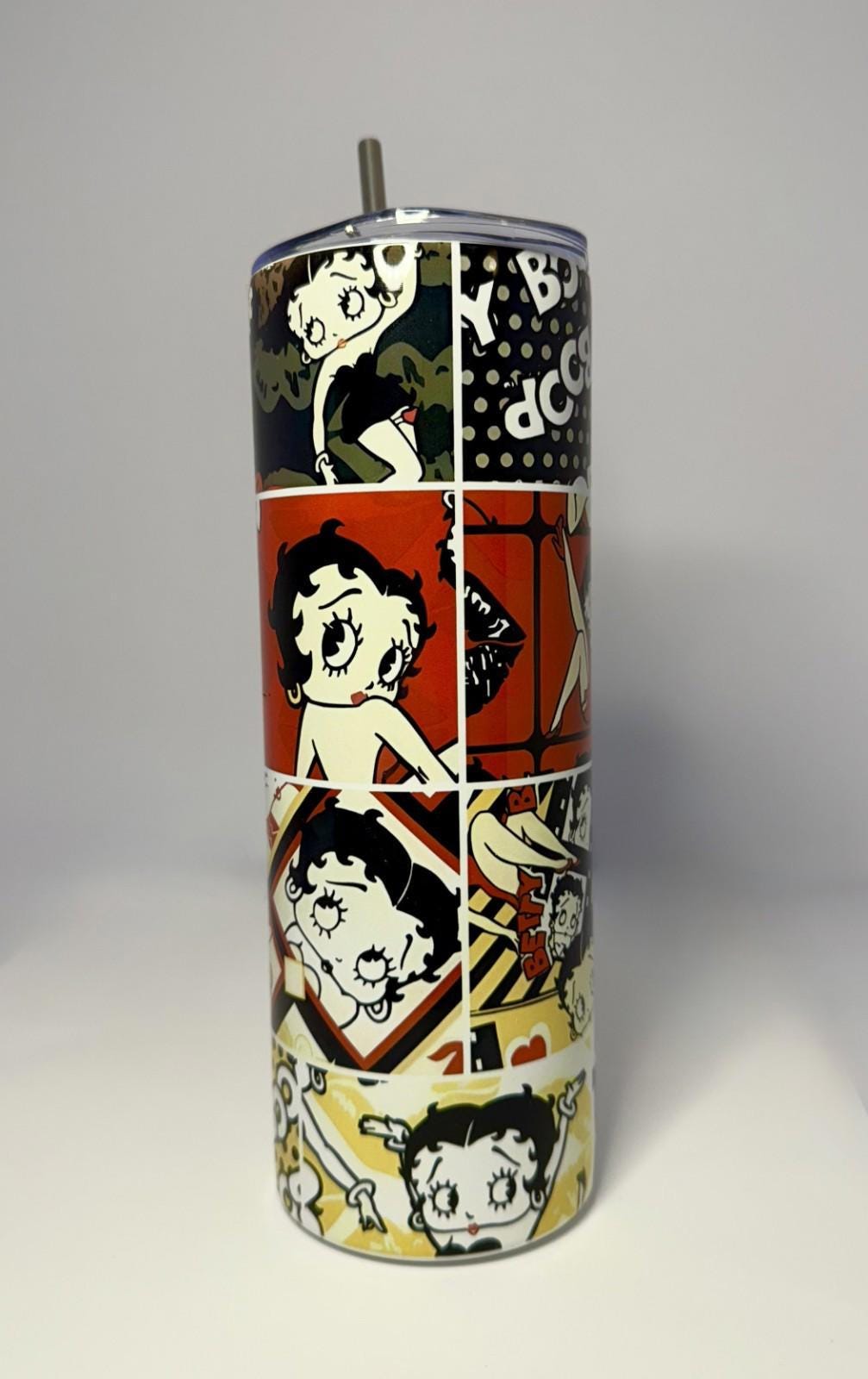 20 oz Betty Boop Squares Stainless Steel Tumbler with Lid, Straw