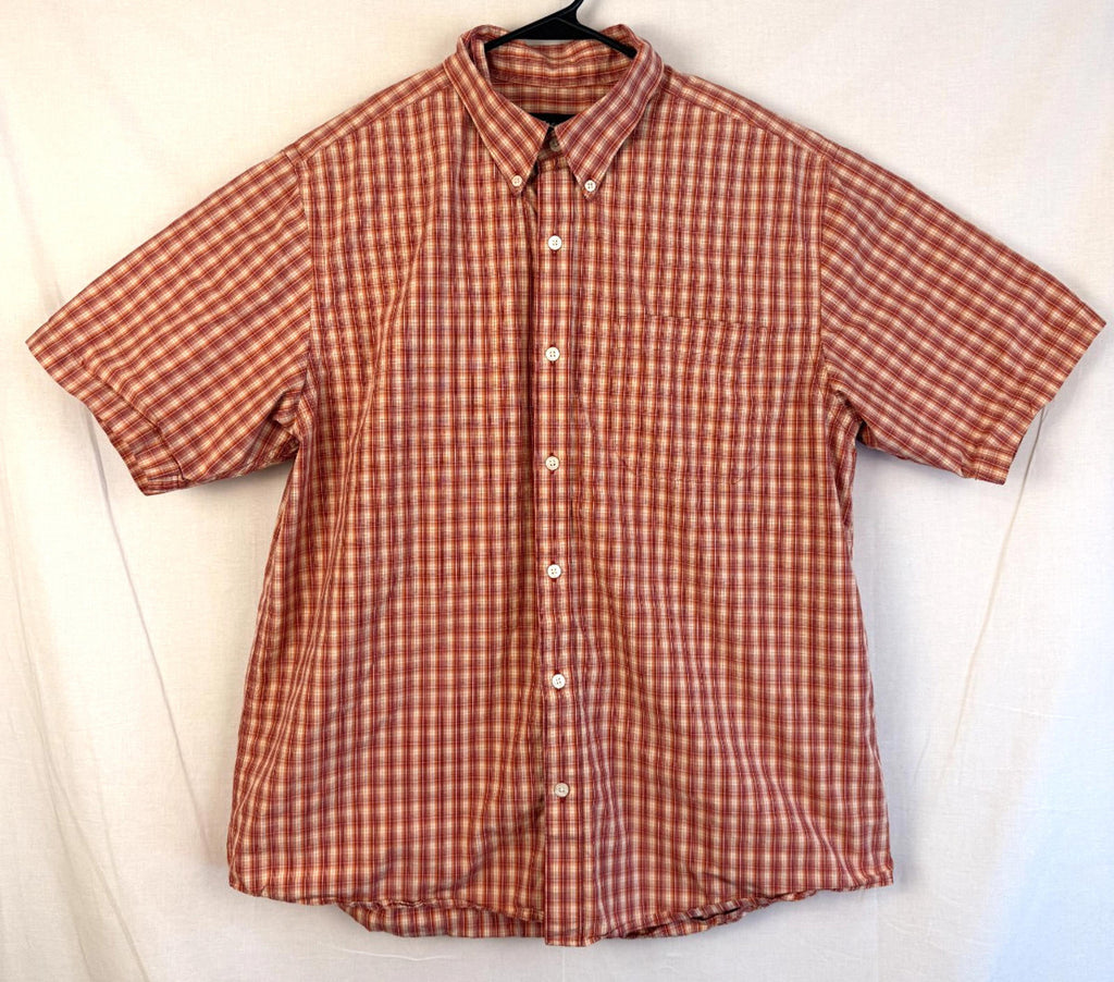 Eddie Bauer Shirt Men's L Orange Red Plaid Short Sleeve Button Up Relaxed Fit