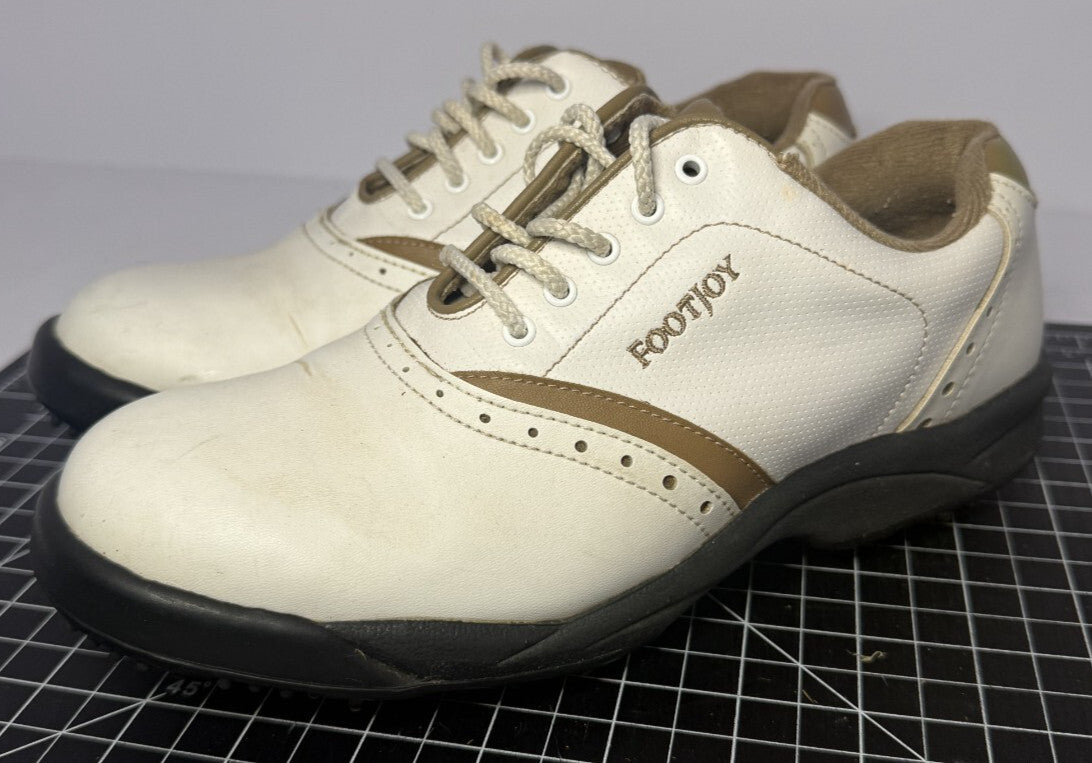 FootJoy Womens Golf Shoes Size 7.5 Oxford Two Tone Tan White Spikes Lace Up