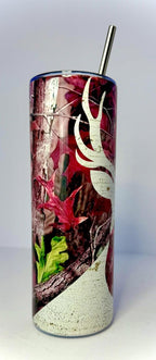 20 oz Pink Camo Deer Stainless Steel Tumbler with Lid, Straw