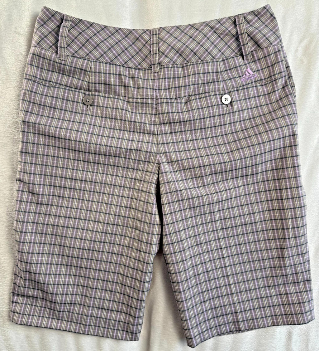 Adidas Womens Shorts sz 2 plaid green pink grey