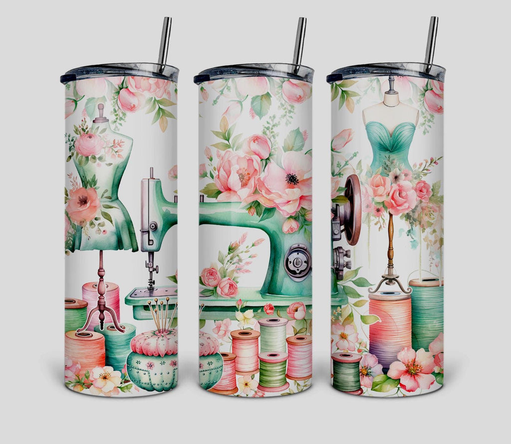 20 oz Floral Sewing Stainless Steel Tumbler with Lid, Straw