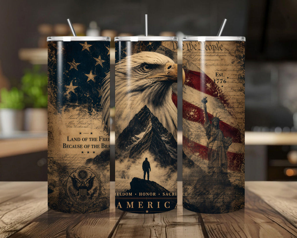 20 oz American Pride Stainless Steel Tumbler with Lid, Straw