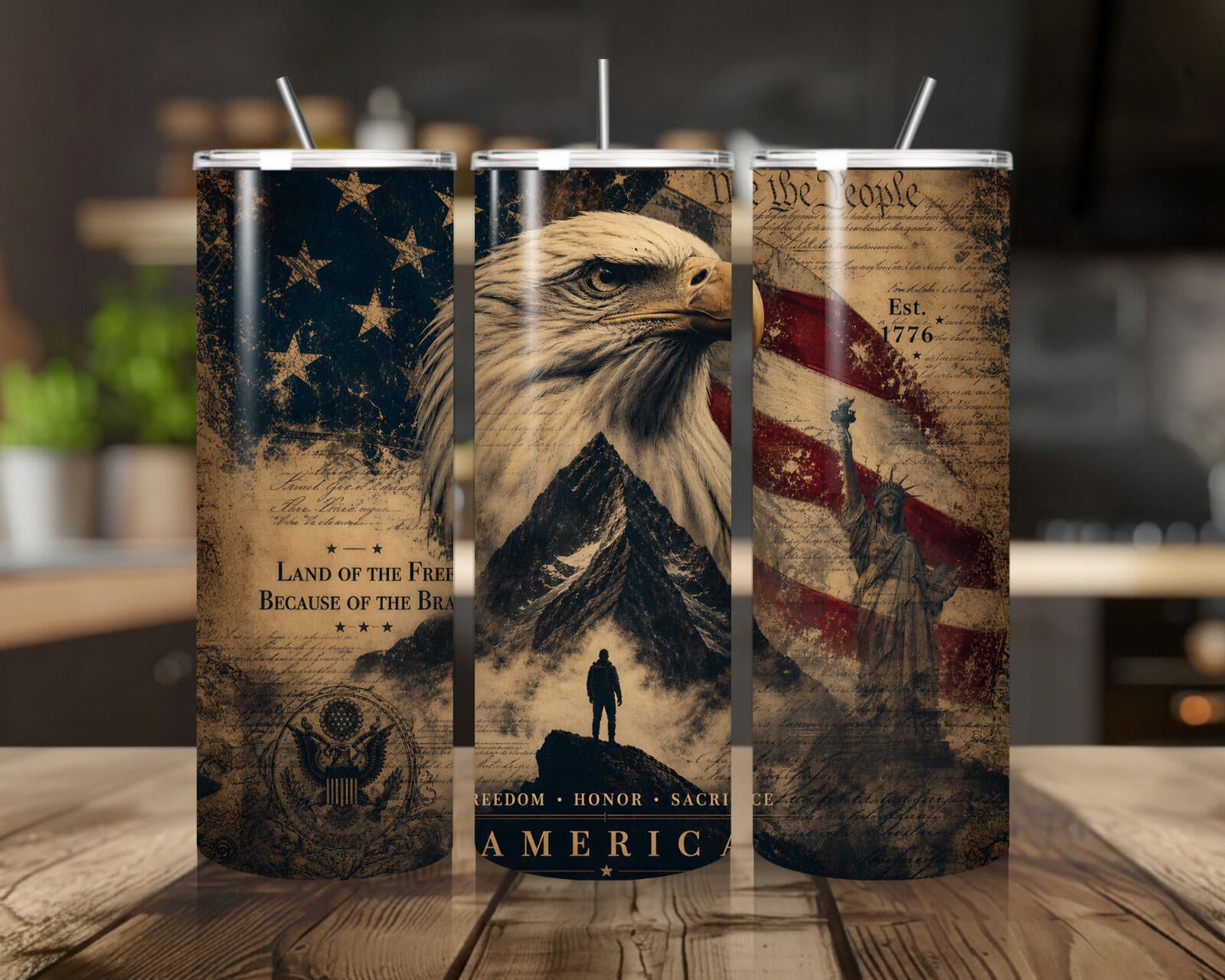 20 oz American Pride Stainless Steel Tumbler with Lid, Straw