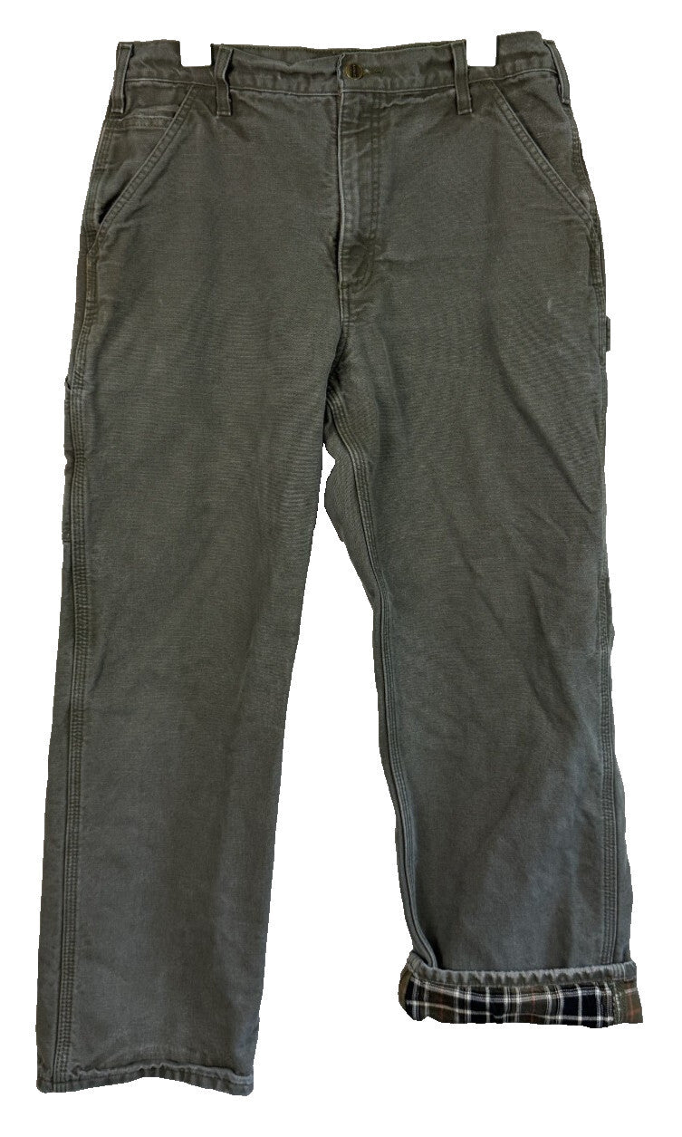 Carhartt Men Flannel Lined Pants 34x30 Loose Fit BN0111-M Green Gray