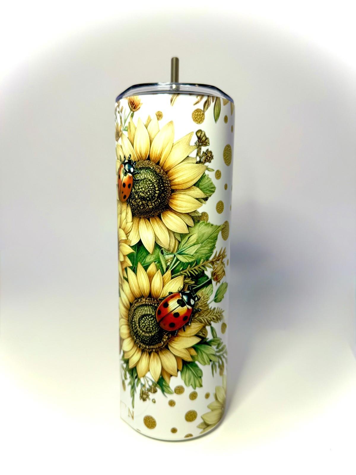 20 oz Stay Golden Sunflower and LadyBugs Stainless Steel Tumbler with Lid, Straw