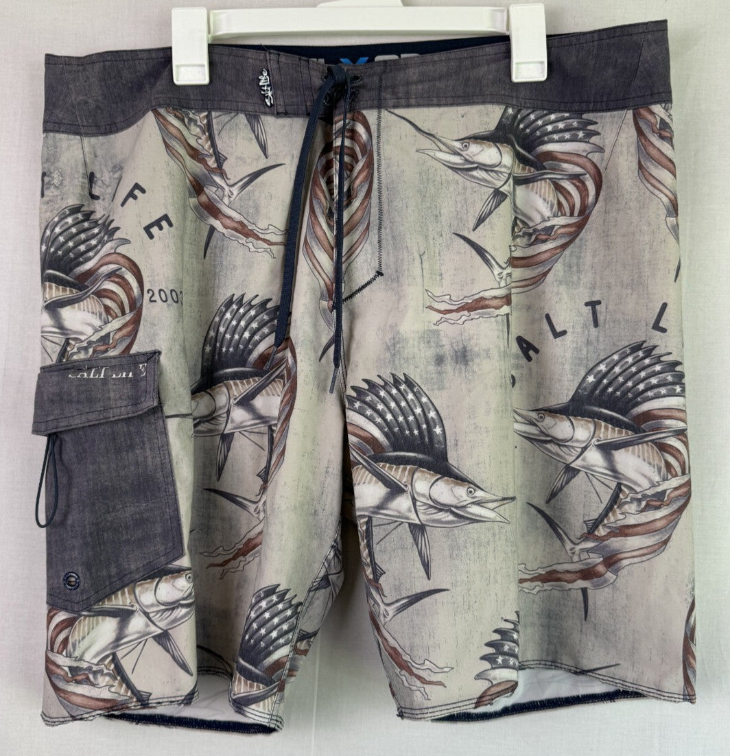 Salt Life SLX-QD Vapor Strength Swim Shorts Trunks Size 38 Marlin Flag Adult
