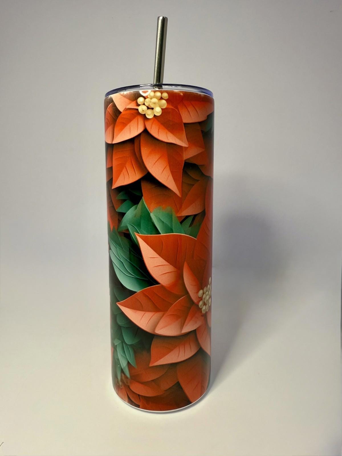 20 oz Poinsettia Stainless Steel Tumbler with Lid, Straw