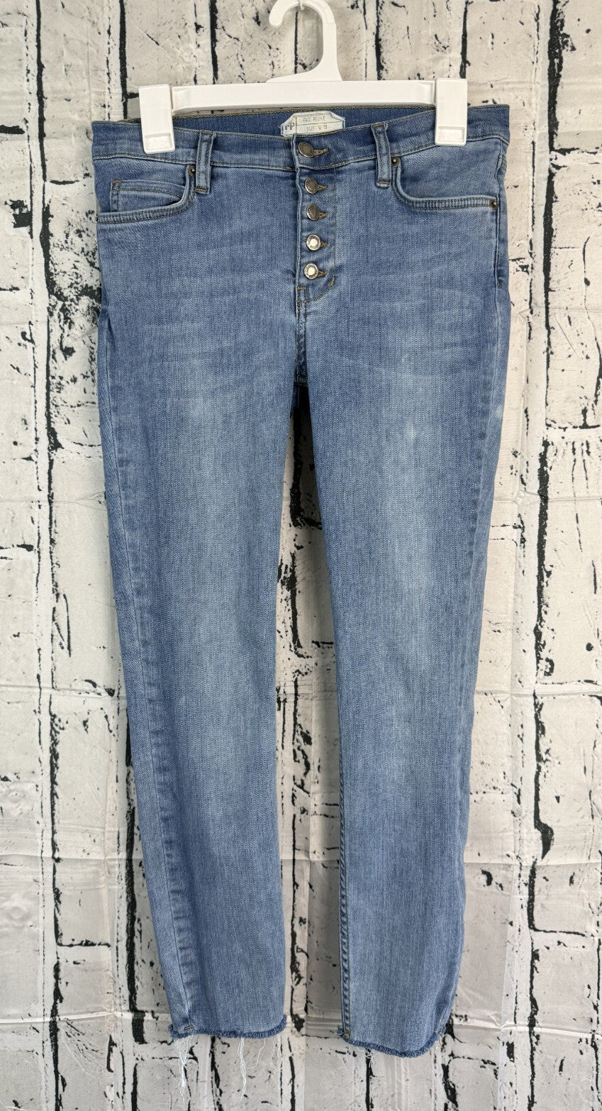 Free People Button Fly Raw Hem Ankle Blue Denim Skinny Jeans Size 28