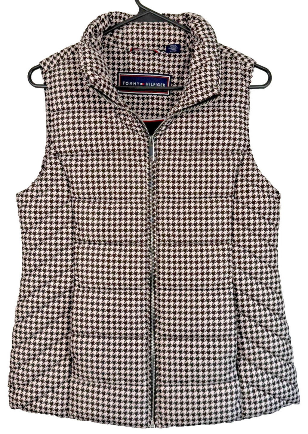 TOMMY HILFIGER Puffer Vest Womens Small Classic Houndstooth Jacket Black White