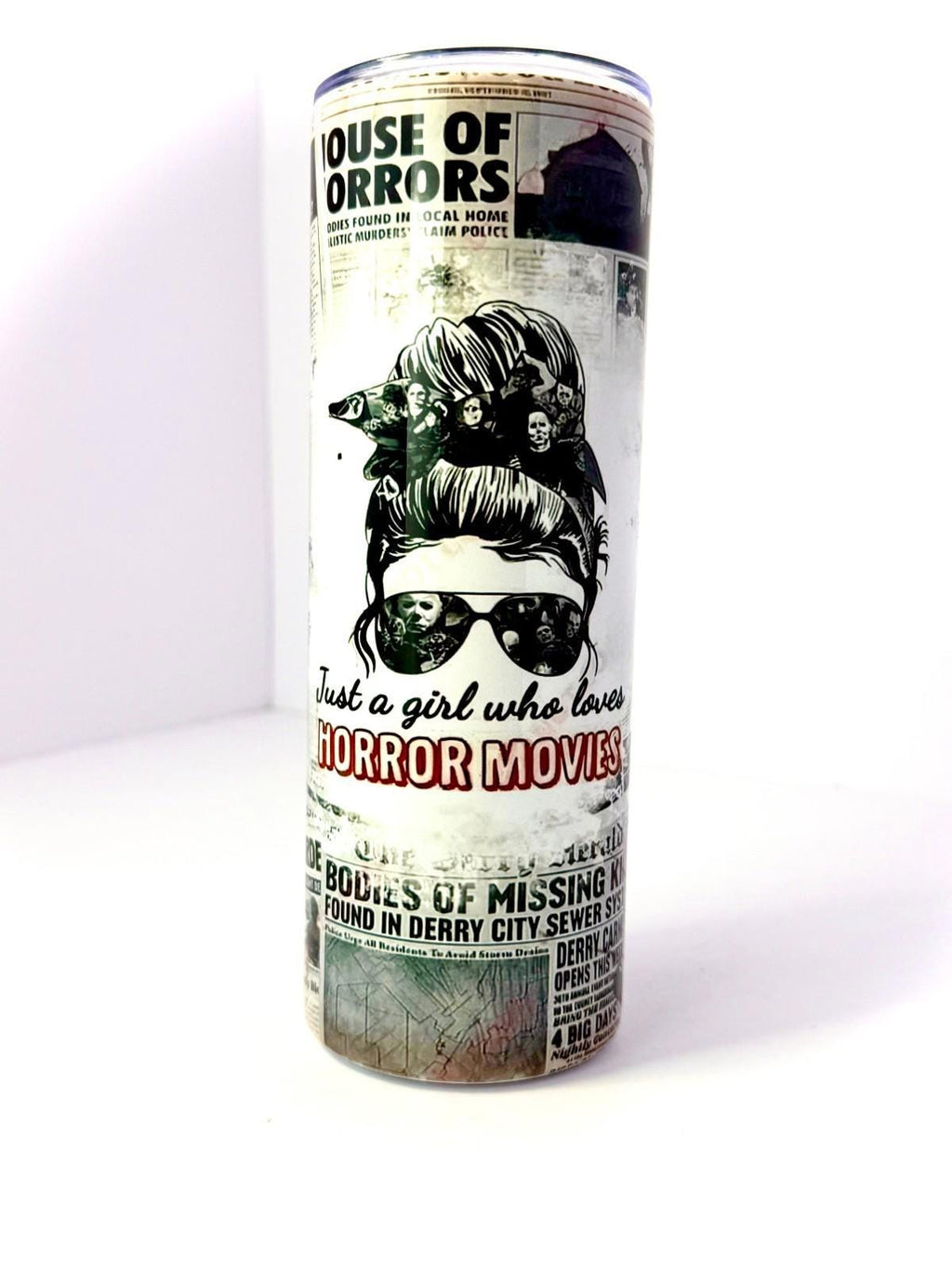 20 oz Horror Movie Girl Stainless Steel Tumbler with Lid, Straw Halloween