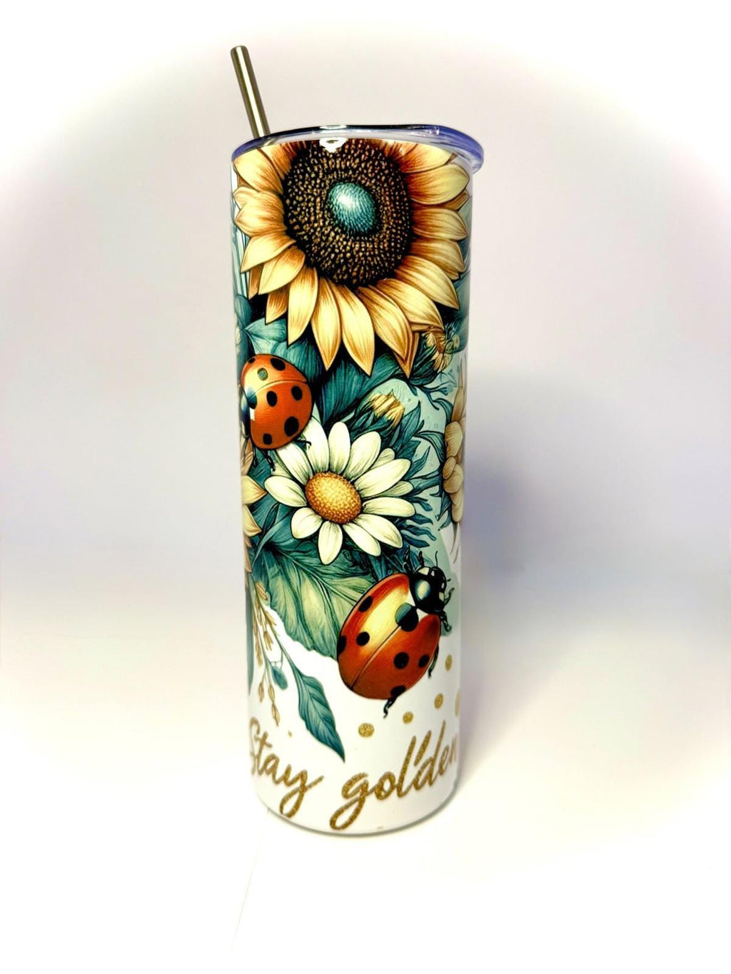 20 oz Sunflower and LadyBugs Stainless Steel Tumbler with Lid, Straw
