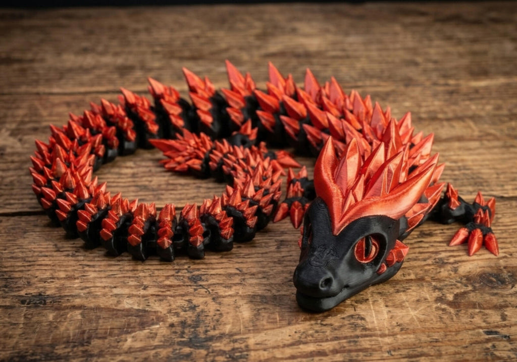 3D Printed Crystal Dragon -PLA- Black and Red - 2 Ft Long - Articulated dragon