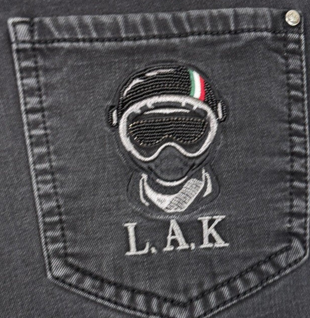 Laiketluo Mens Jeans Sz 31 Black - Metal Logo - Italy Design - Embroidered