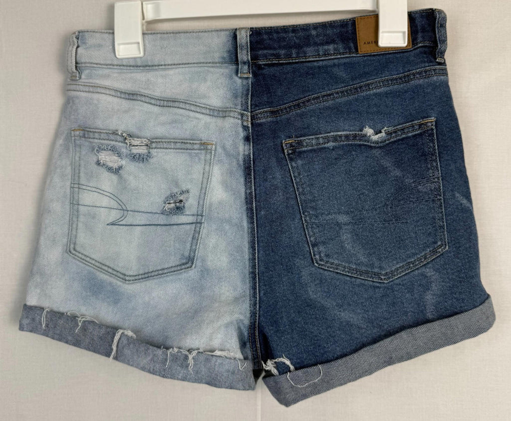 American Eagle Womens Shorts Sz 8 Blue Distressed Cuffed Mom Stretch 2 Tone