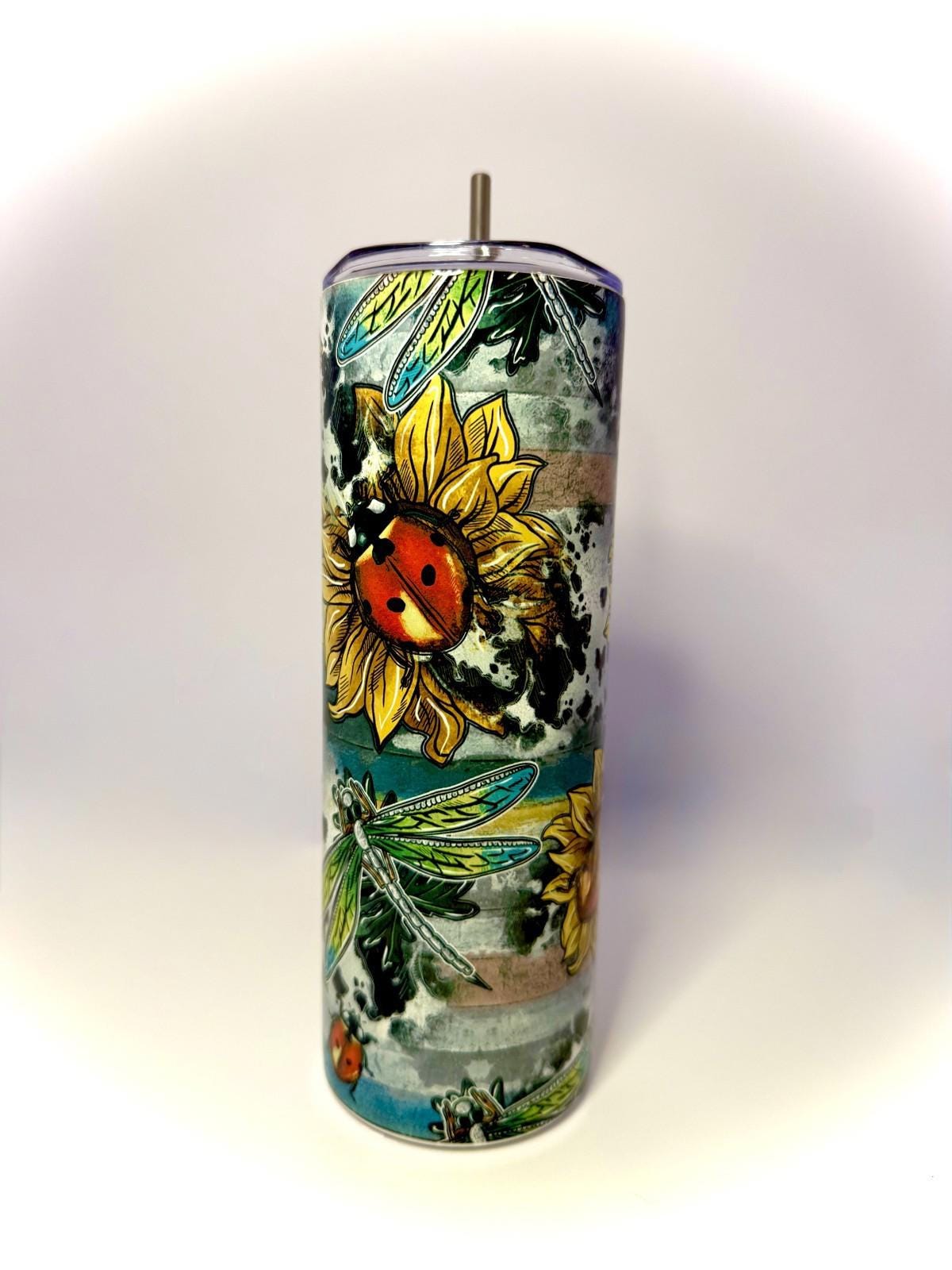 20 oz Sunflower, DragonFly, and LadyBugs Stainless Steel Tumbler with Lid, Straw