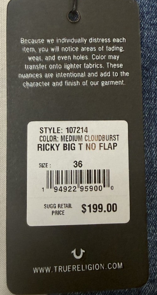 NEW - True Religion Mens Ricky Relaxed Straight Jeans Size 36 x 34