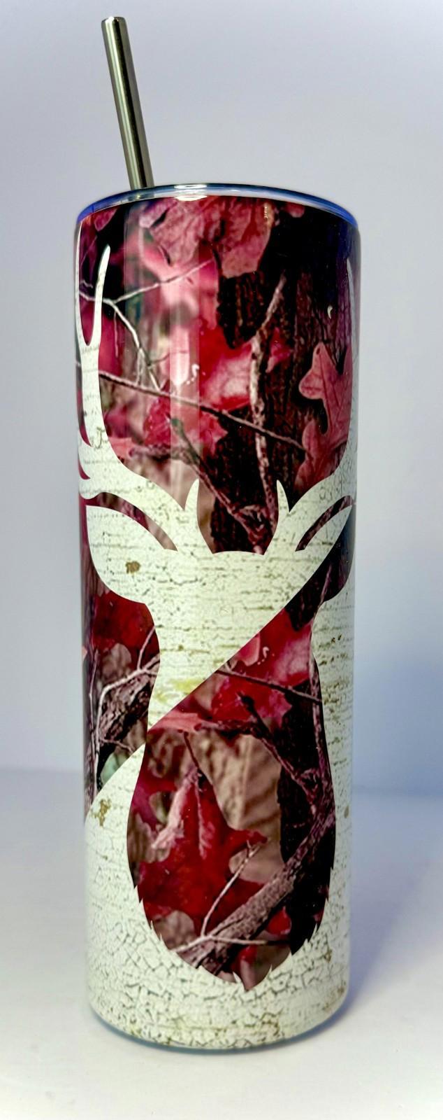 20 oz Pink Camo Deer Stainless Steel Tumbler with Lid, Straw