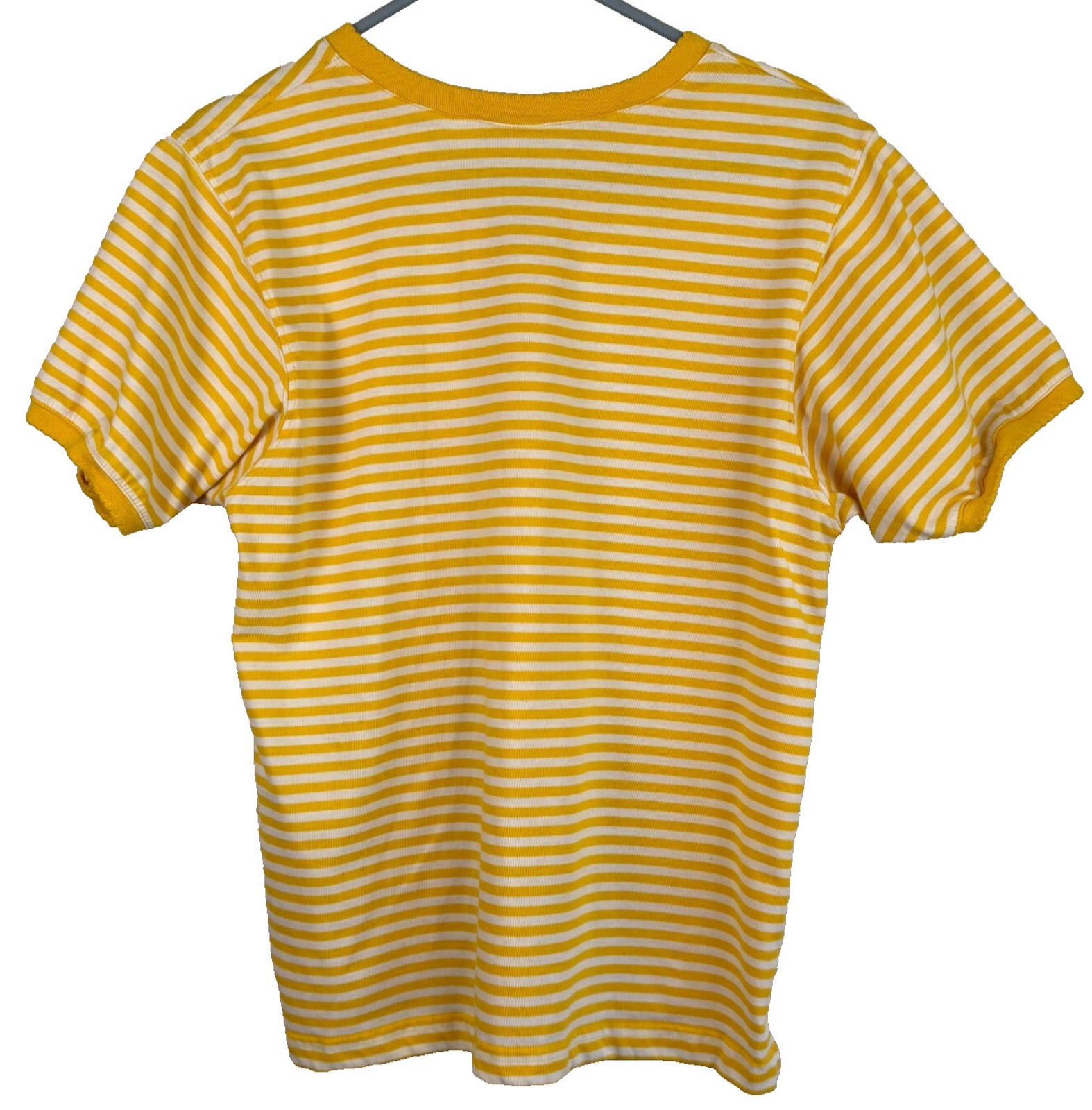 BOBBIE BROOKS Womens Shirt~Yellow & White Stripe~V-Neck~Short Sleeve Size Small
