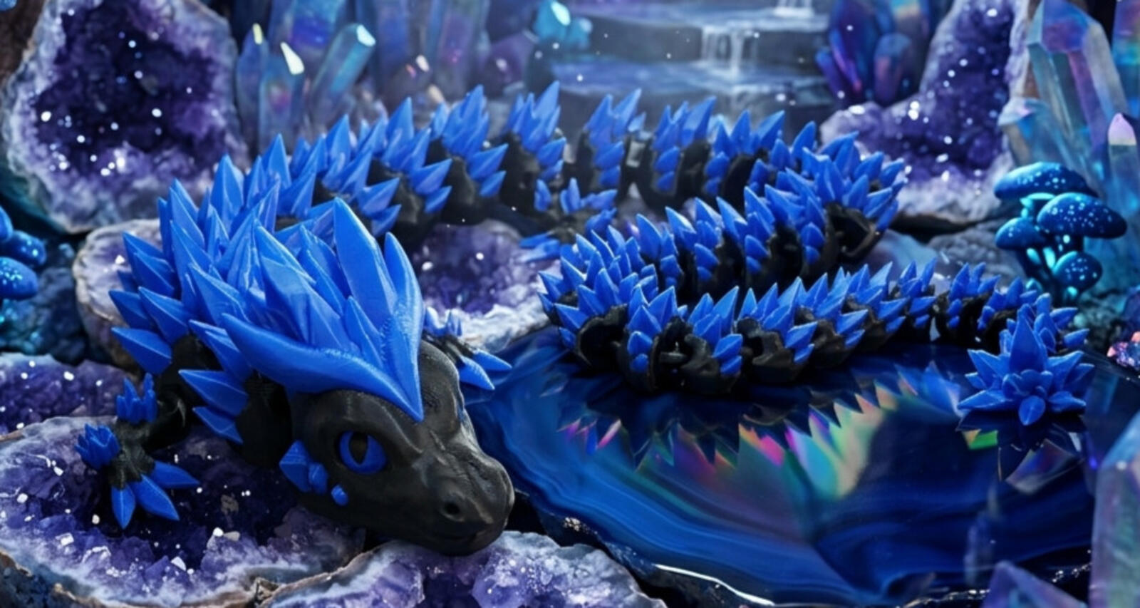 3D Printed Crystal Dragon -PLA- Black and Blue - 2 Ft Long - Articulated dragon