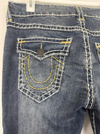 True Religion ROCCO Relaxed Skinny Mens Sz 36 x 34 Blue Denim Jeans Thick Stitch