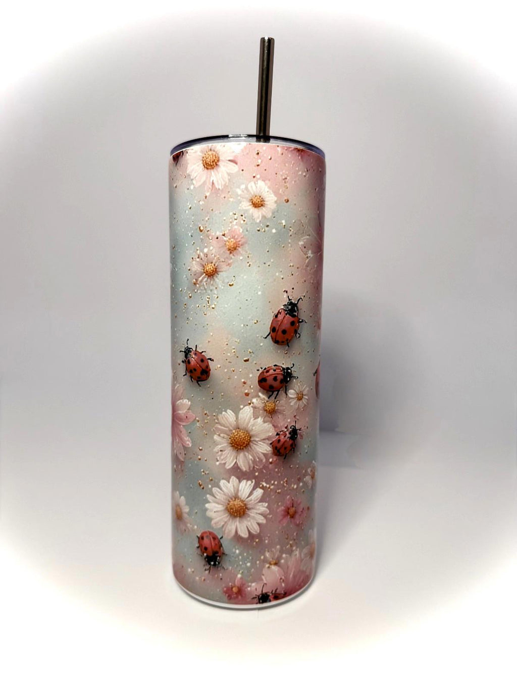20 oz Flowers and LadyBugs Stainless Steel Tumbler with Lid, Straw
