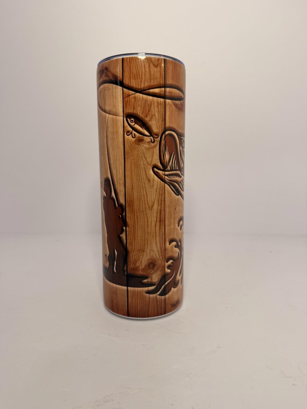 20 oz Customizable Wood-Looking Fishing Stainless Steel Tumbler with Lid, Straw