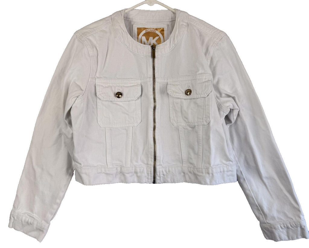Michael Kors Jacket Womens Sz Large White Cropped Full Zip Denim