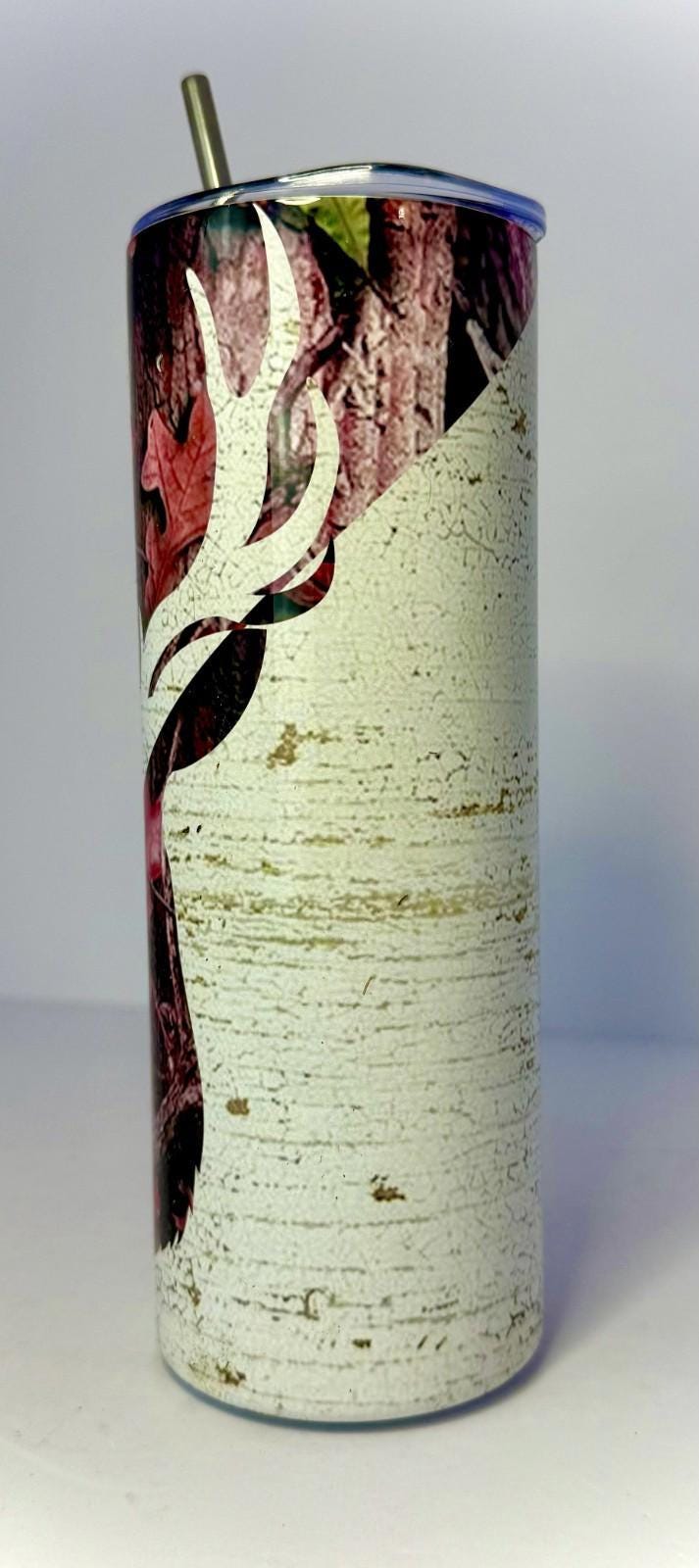 20 oz Pink Camo Deer Stainless Steel Tumbler with Lid, Straw