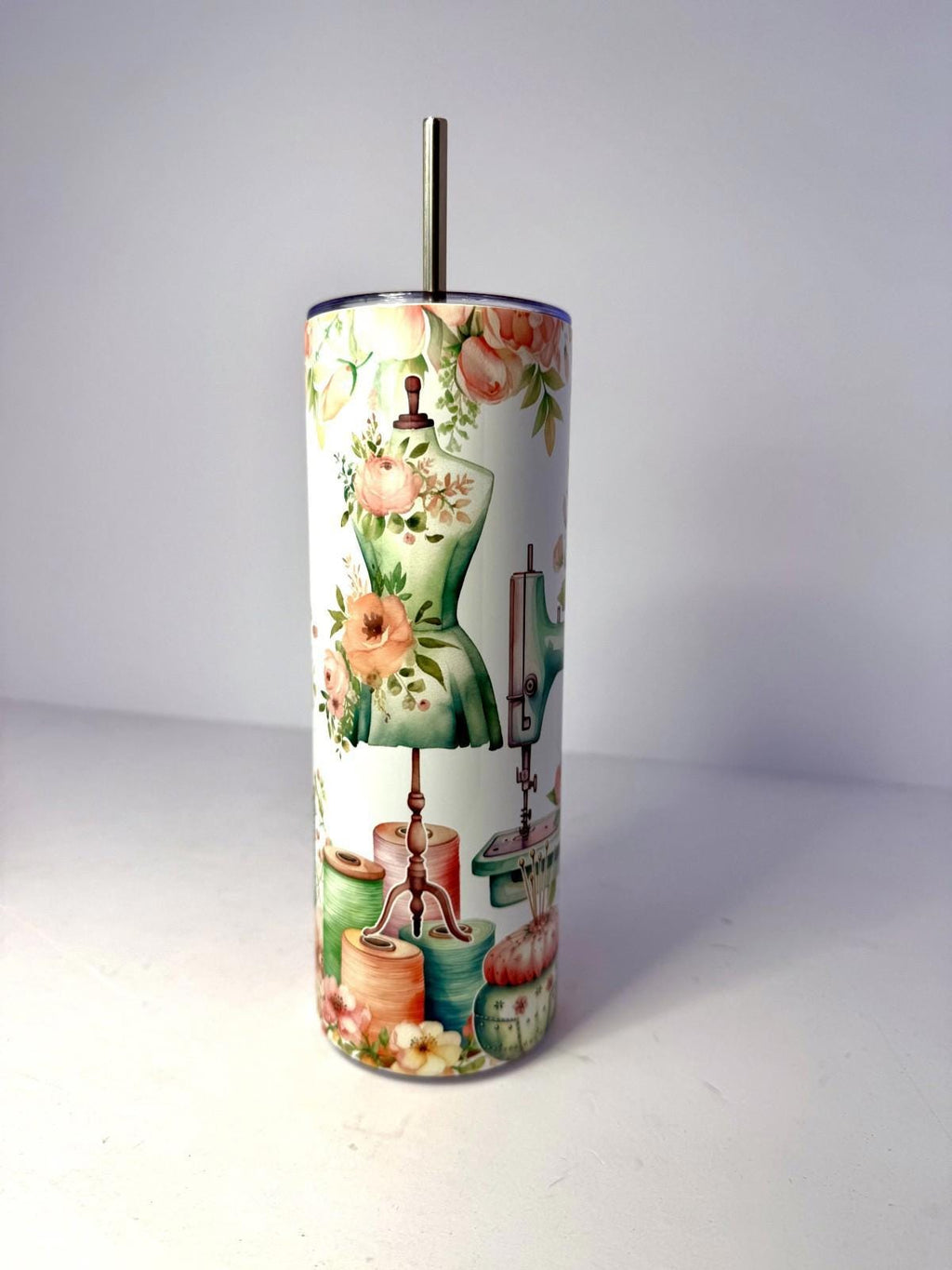 20 oz Floral Sewing Stainless Steel Tumbler with Lid, Straw