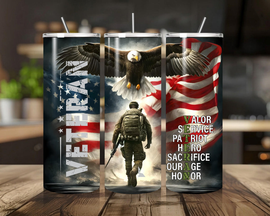 20 oz Veteran Stainless Steel Tumbler with Lid, Straw - Patriotic