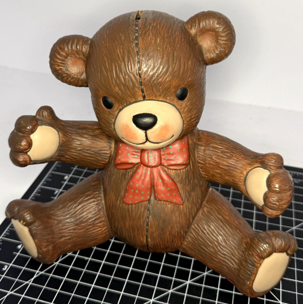Vintage Ceramic Teddy Bear with Red Bowtie Hand-painted Coin Bank from 1980's