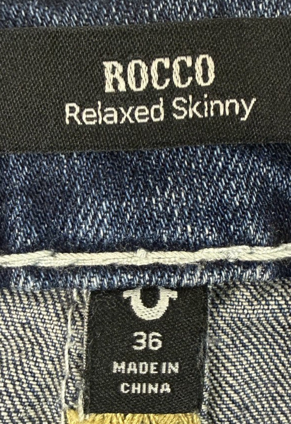 True Religion ROCCO Relaxed Skinny Mens Sz 36 x 34 Blue Denim Jeans Thick Stitch