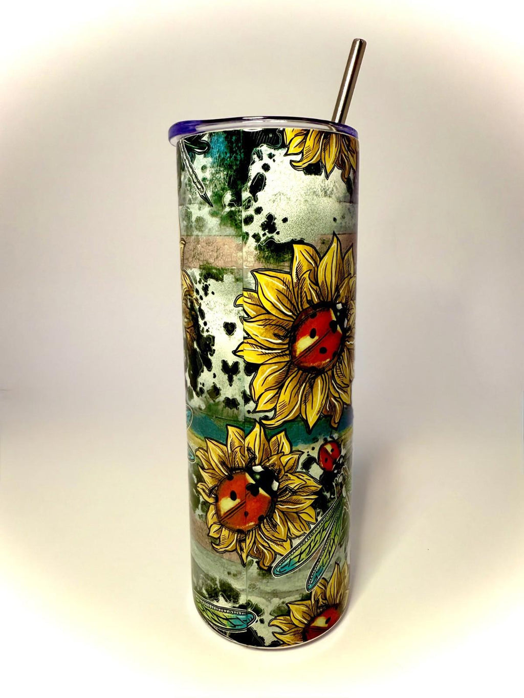 20 oz Sunflower, DragonFly, and LadyBugs Stainless Steel Tumbler with Lid, Straw